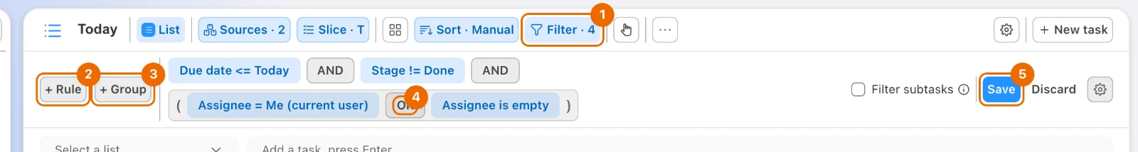 The filter strip of Today: Due date <= Today, Stage != Done and a group of Assignee = Me (current user) OR Assignee is empty, with Save active