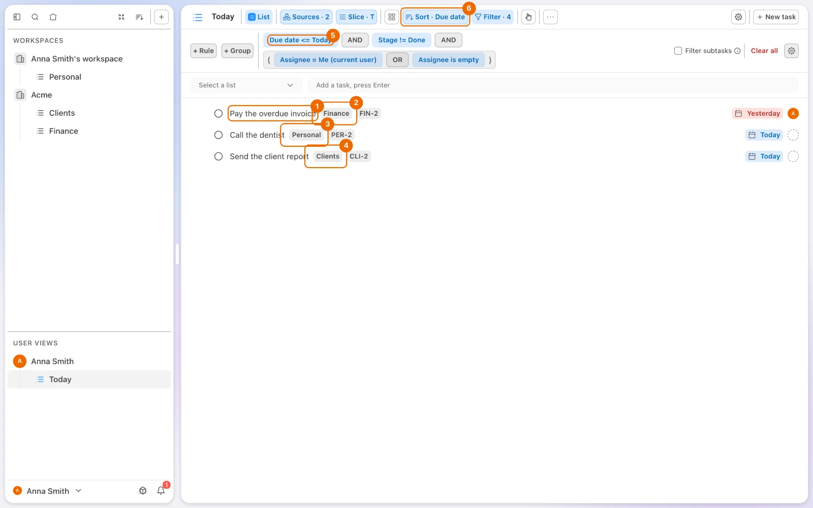 The Today view with three tasks, sorted by due date: Pay the overdue invoice from Acme's Finance list first, then Call the dentist from Personal and Send the client report from Clients