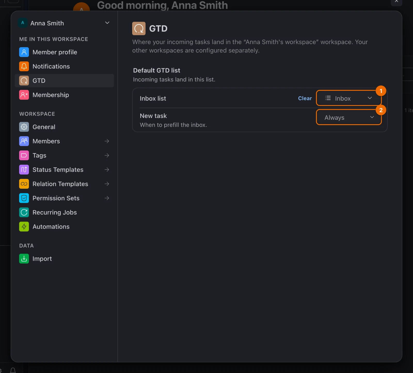 Workspace settings open on GTD: Inbox list is set to Inbox and New task to Always