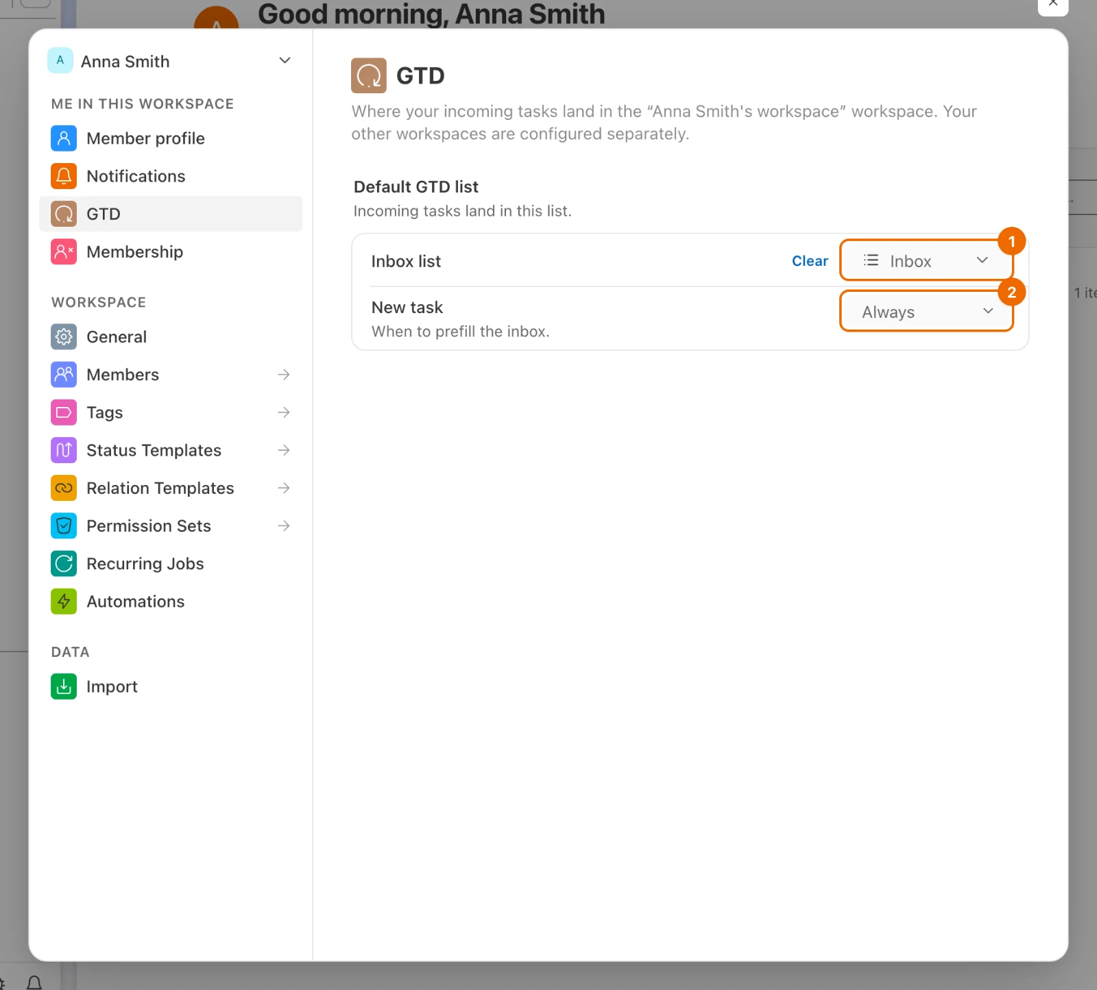 Workspace settings open on GTD: Inbox list is set to Inbox and New task to Always