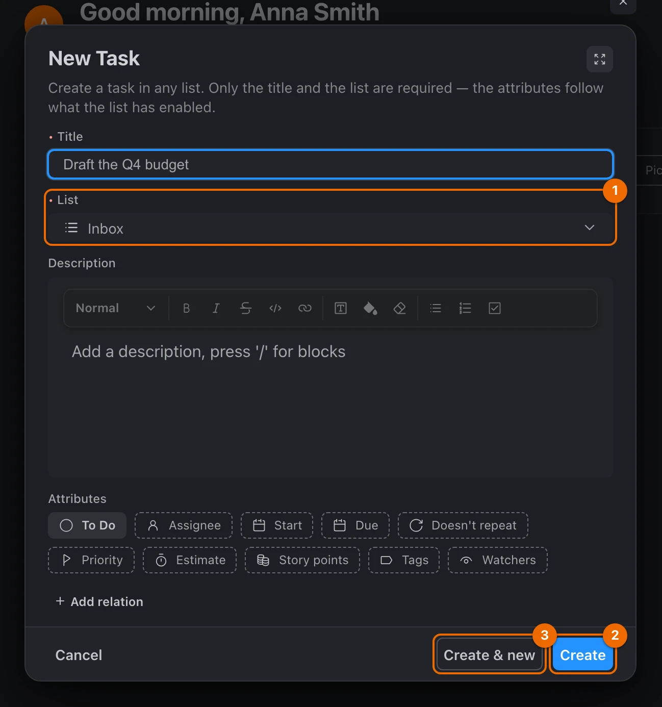 The New Task form with List set to Inbox and the title Draft the Q4 budget typed, next to the Create and Create & new buttons