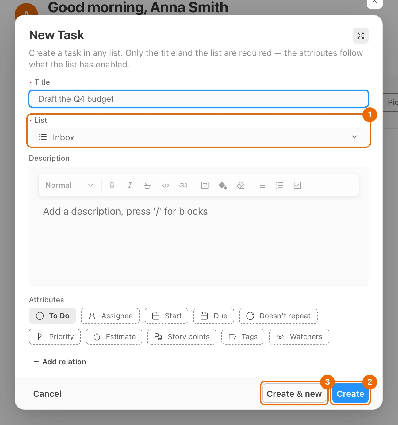 The New Task form with List set to Inbox and the title Draft the Q4 budget typed, next to the Create and Create & new buttons