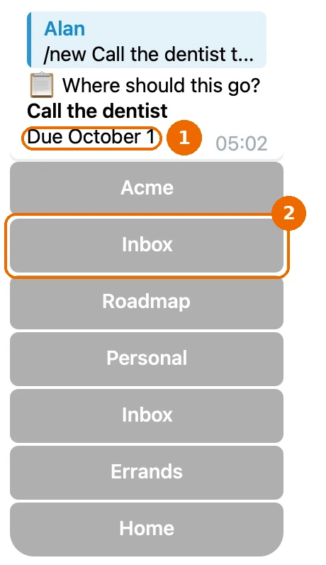 The bot asks Where should this go? for "Call the dentist", due October 1, with list buttons under the workspaces Acme and Personal