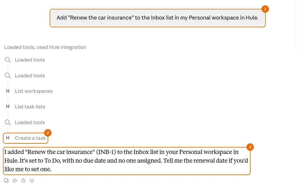 Claude chat: the request to add "Renew the car insurance" to the Inbox list in the Personal workspace, the Hule tool calls ending in Create a task, and Claude confirming the task in Inbox