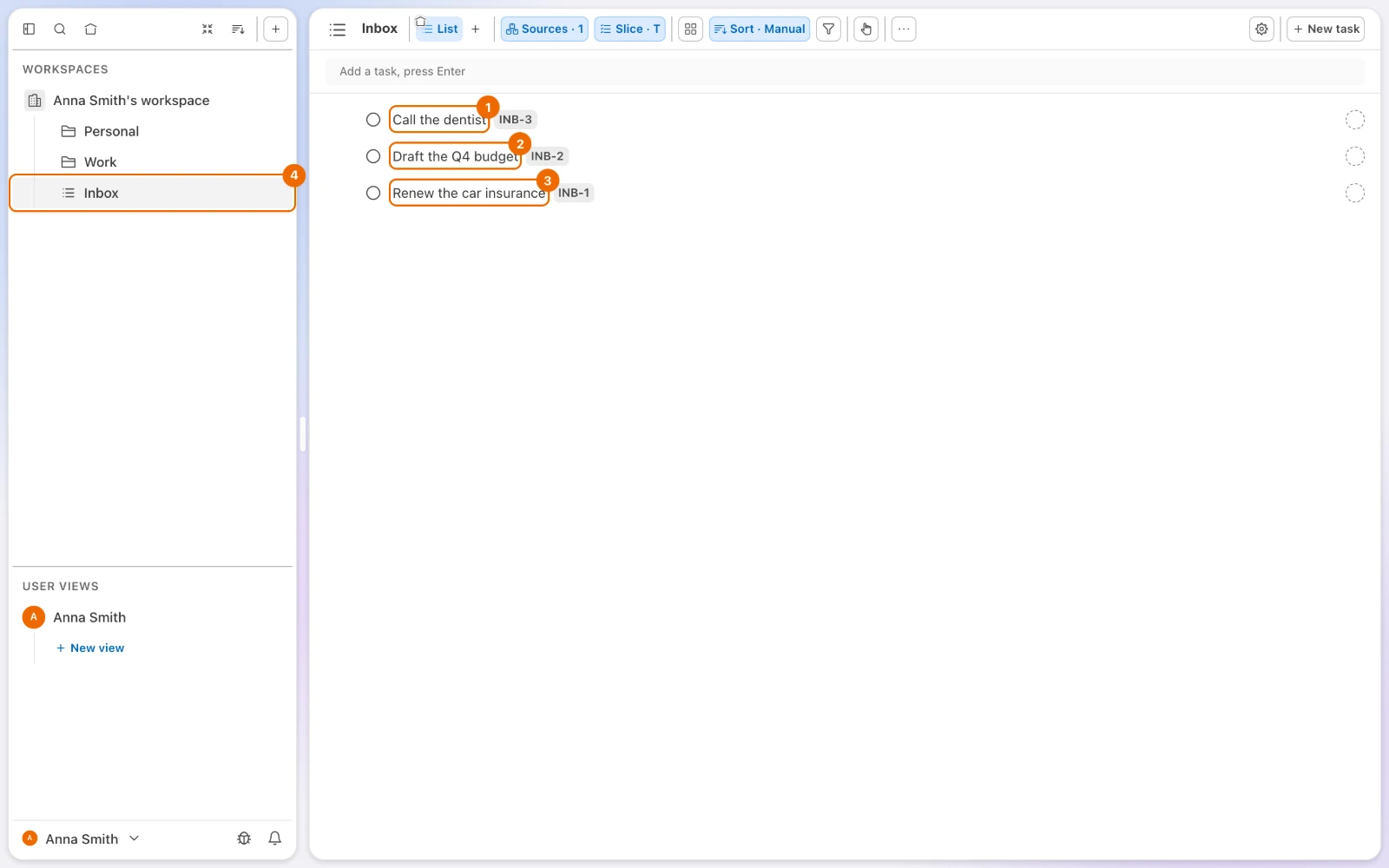 The Inbox list with three unsorted tasks, Call the dentist, Draft the Q4 budget and Renew the car insurance, and Inbox selected in the sidebar