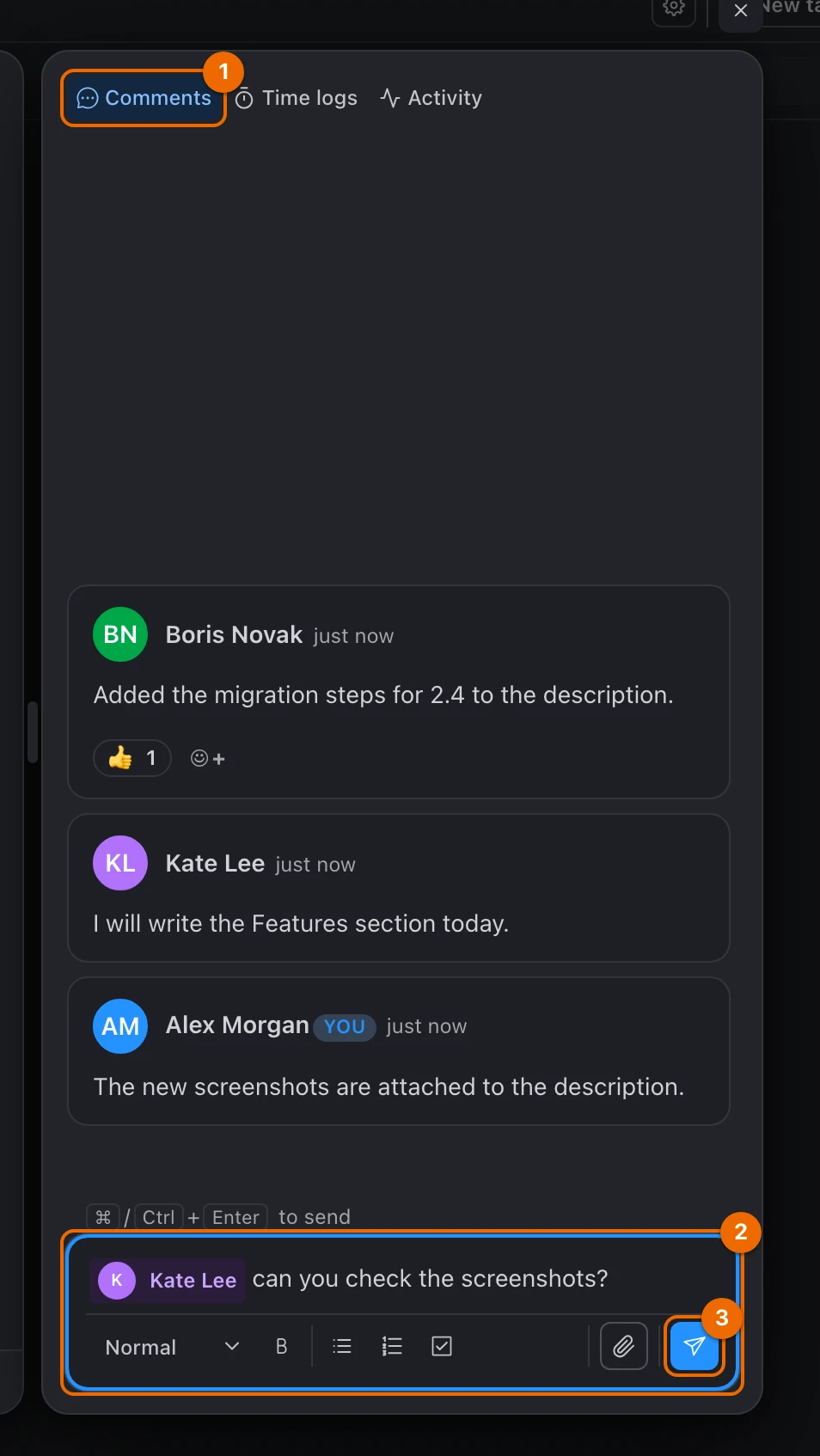 The Comments tab of a task with three comments, one of them with a thumbs-up reaction, and the comment box holding a mention of Kate Lee and "can you check the screenshots?"