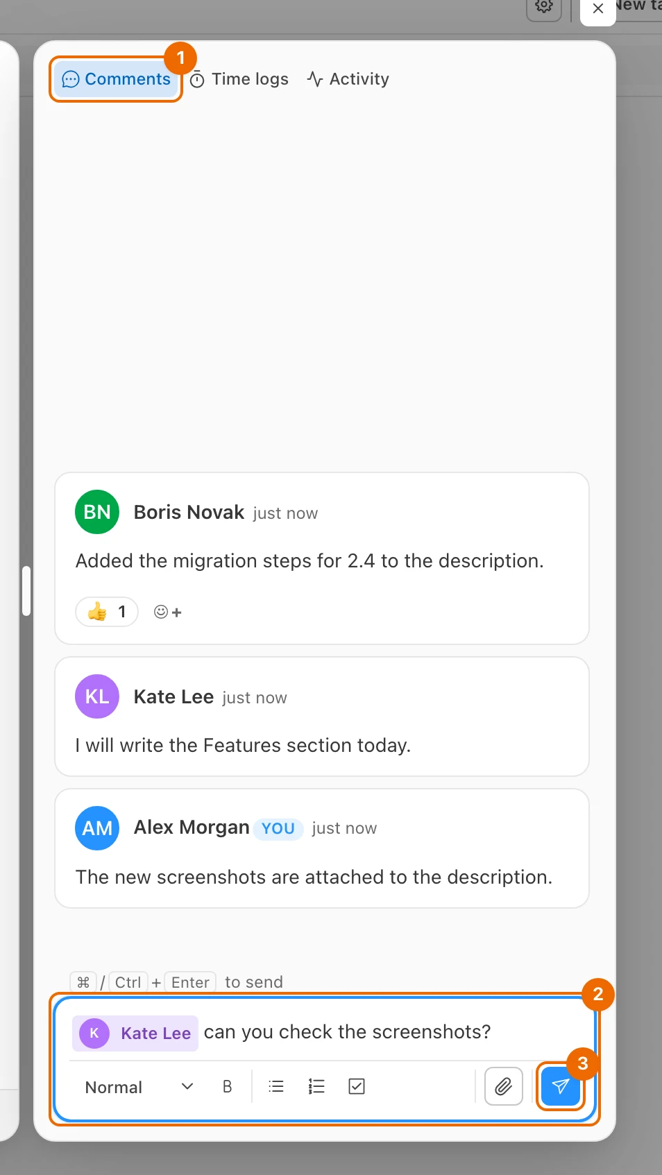 The Comments tab of a task with three comments, one of them with a thumbs-up reaction, and the comment box holding a mention of Kate Lee and "can you check the screenshots?"