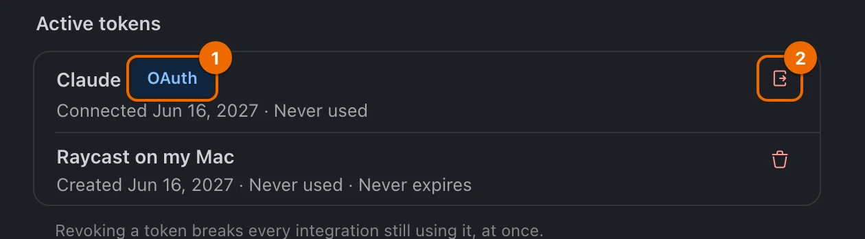 User settings › API tokens: Claude connected with the OAuth tag and a Disconnect button, and a token Raycast on my Mac made by hand