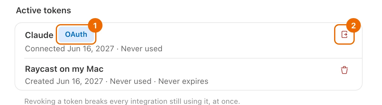 User settings › API tokens: Claude connected with the OAuth tag and a Disconnect button, and a token Raycast on my Mac made by hand