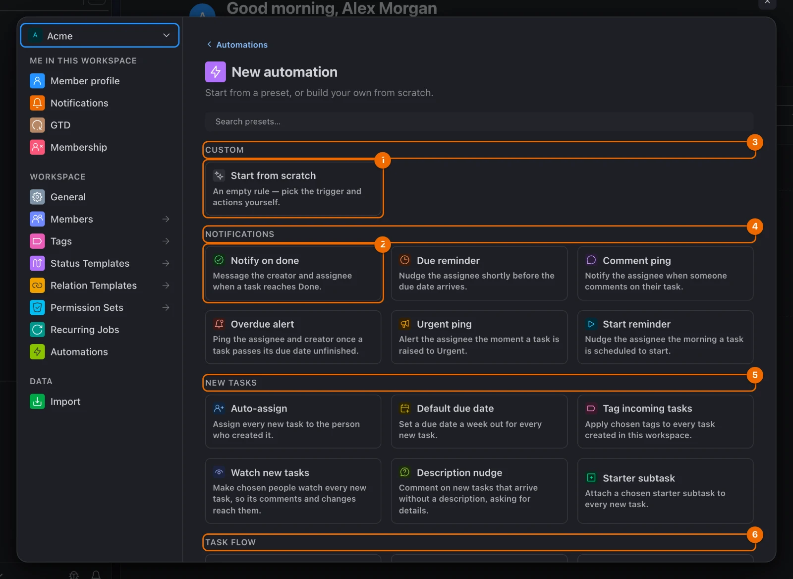 Workspace settings, Automations, New automation: the preset gallery with Start from scratch, Notify on done and the preset groups