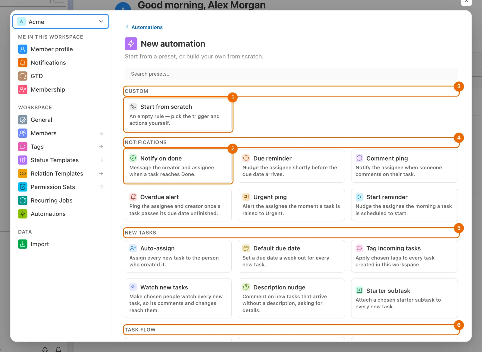 Workspace settings, Automations, New automation: the preset gallery with Start from scratch, Notify on done and the preset groups