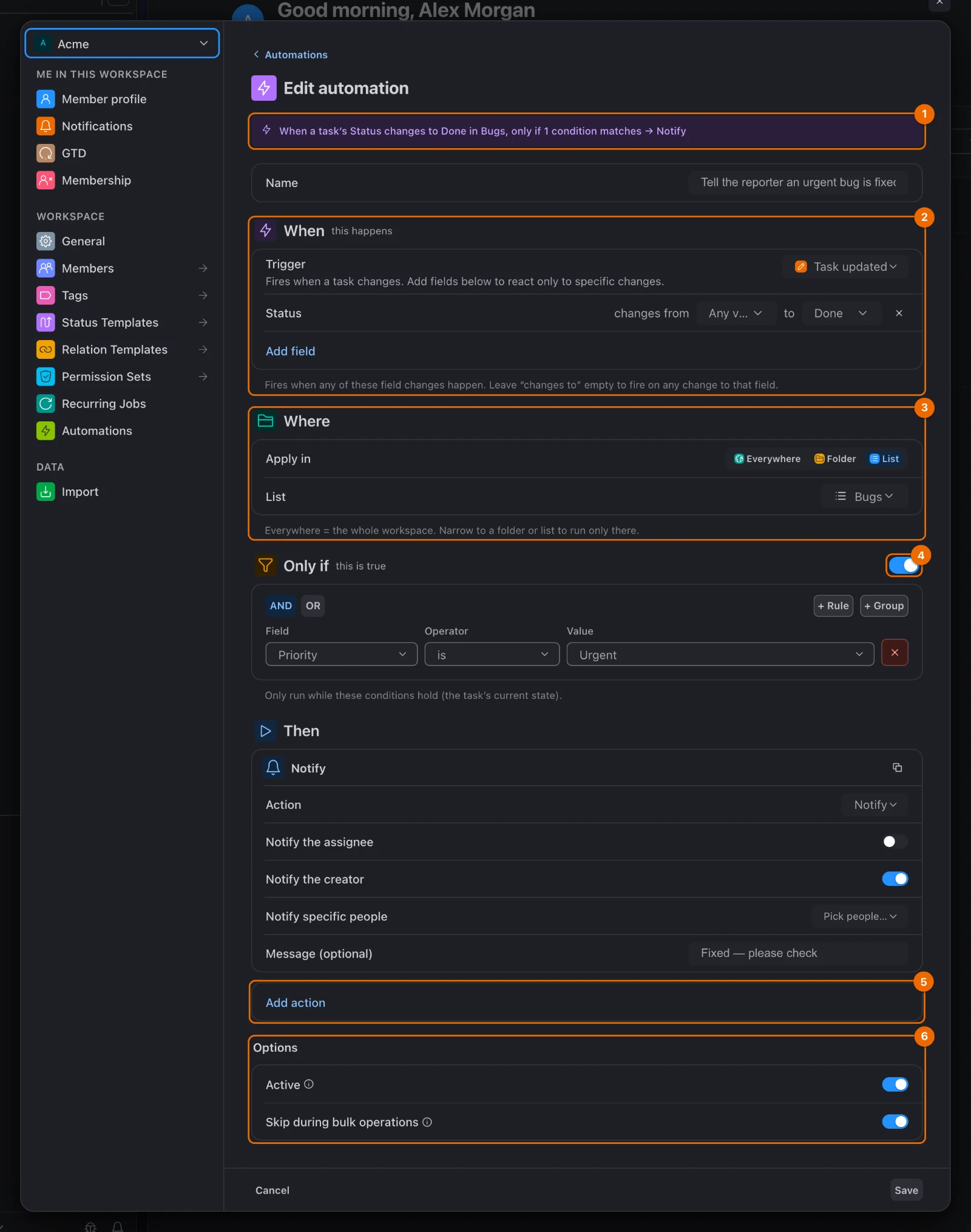 The automation editor for a rule that notifies when a task in the list Bugs changes status to Done, only if its priority is Urgent