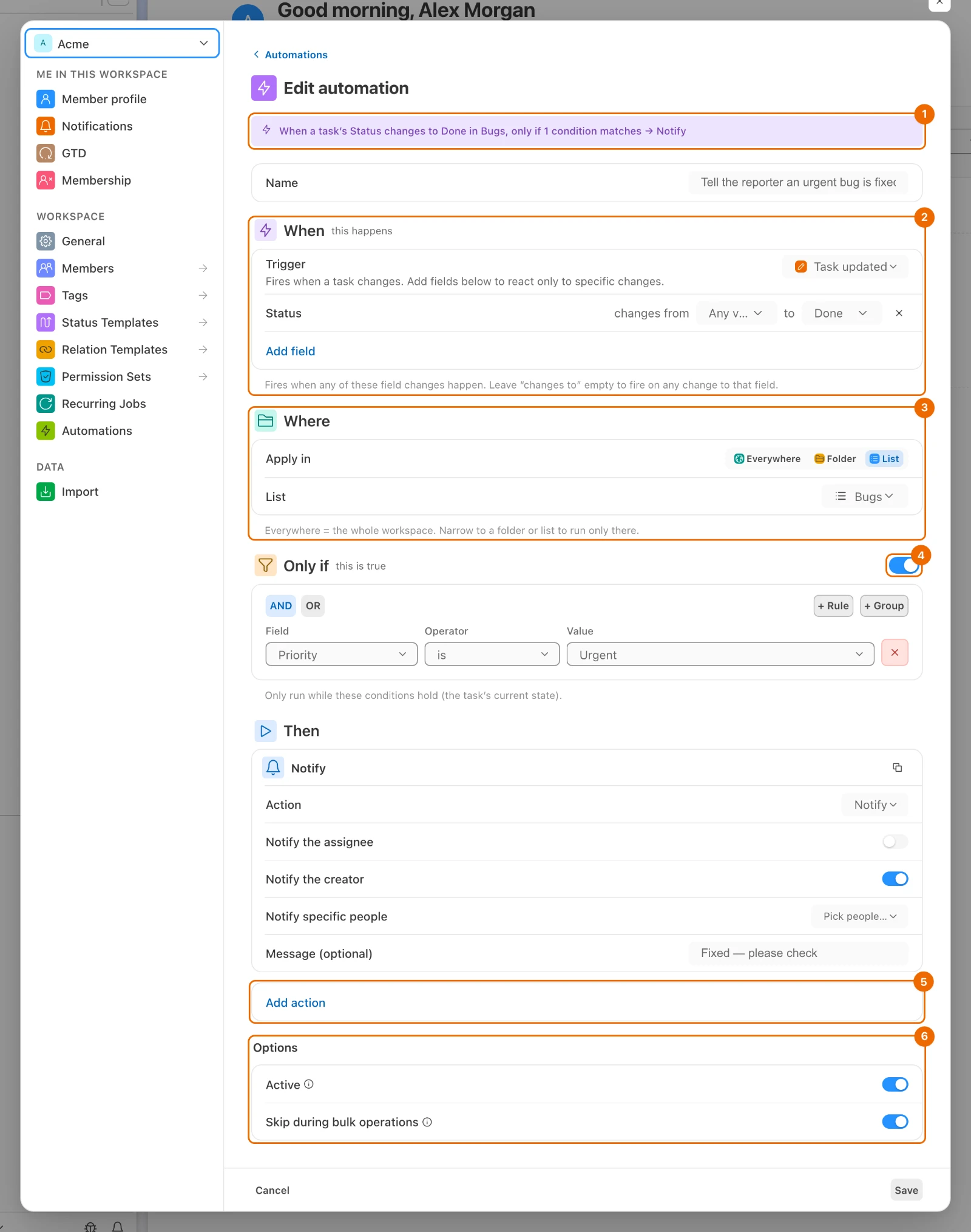The automation editor for a rule that notifies when a task in the list Bugs changes status to Done, only if its priority is Urgent