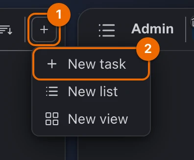 The Create menu at the top of the sidebar, open on New task, New list and New view