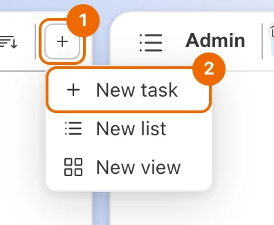 The Create menu at the top of the sidebar, open on New task, New list and New view
