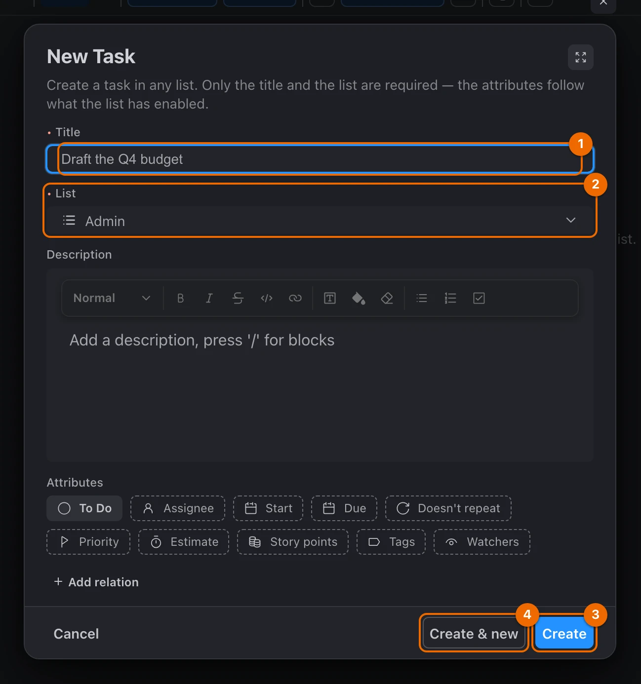 The New Task form with the title Draft the Q4 budget and List set to Admin, above the Create and Create & new buttons