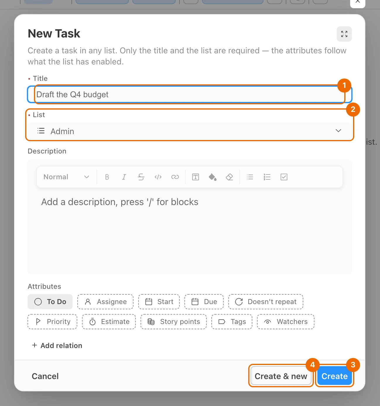 The New Task form with the title Draft the Q4 budget and List set to Admin, above the Create and Create & new buttons
