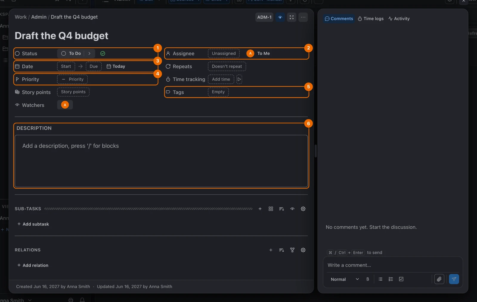 The task window of the new task Draft the Q4 budget, with Status, Assignee, Date, Priority and Tags still empty and an empty description