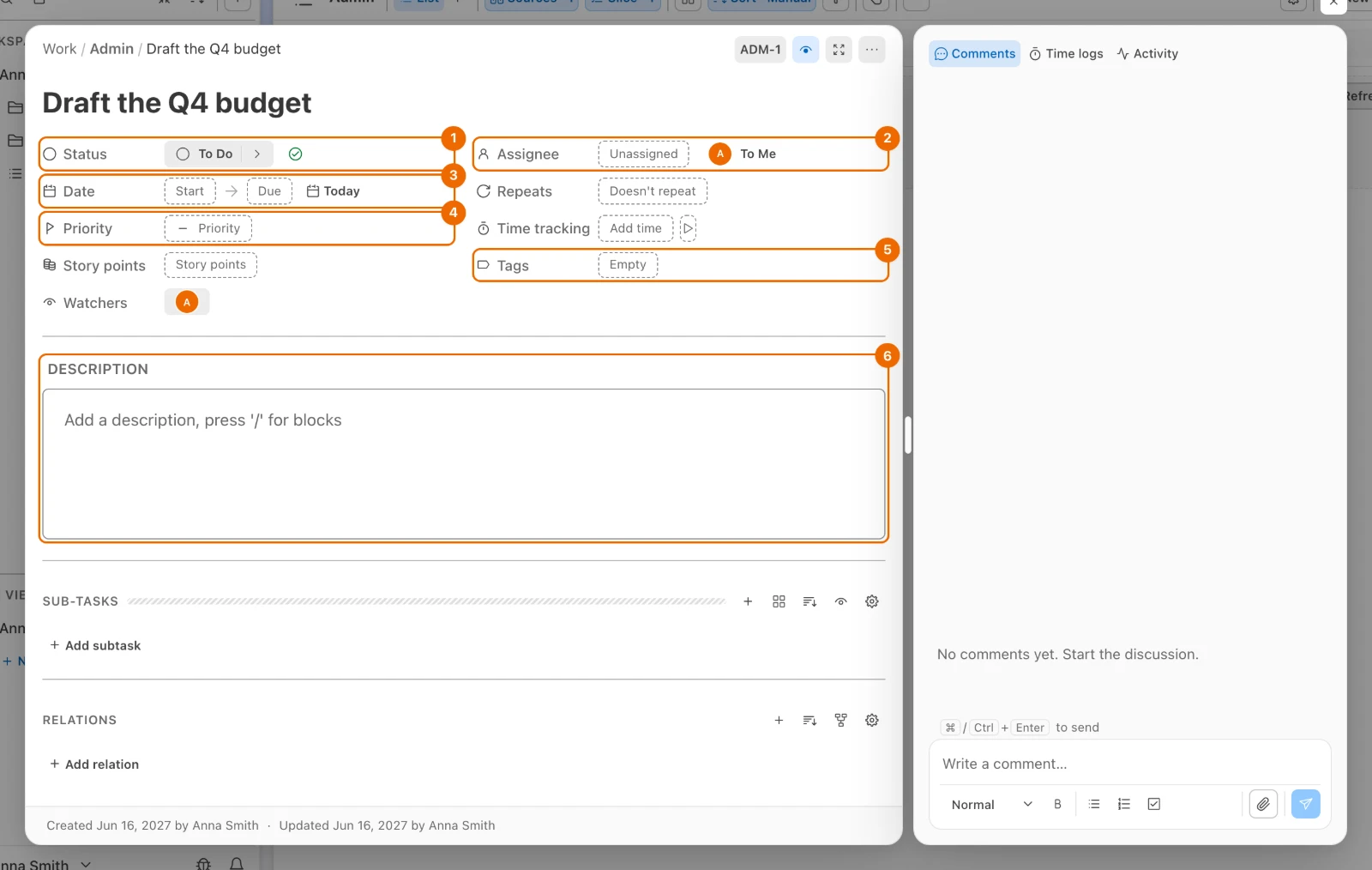 The task window of the new task Draft the Q4 budget, with Status, Assignee, Date, Priority and Tags still empty and an empty description