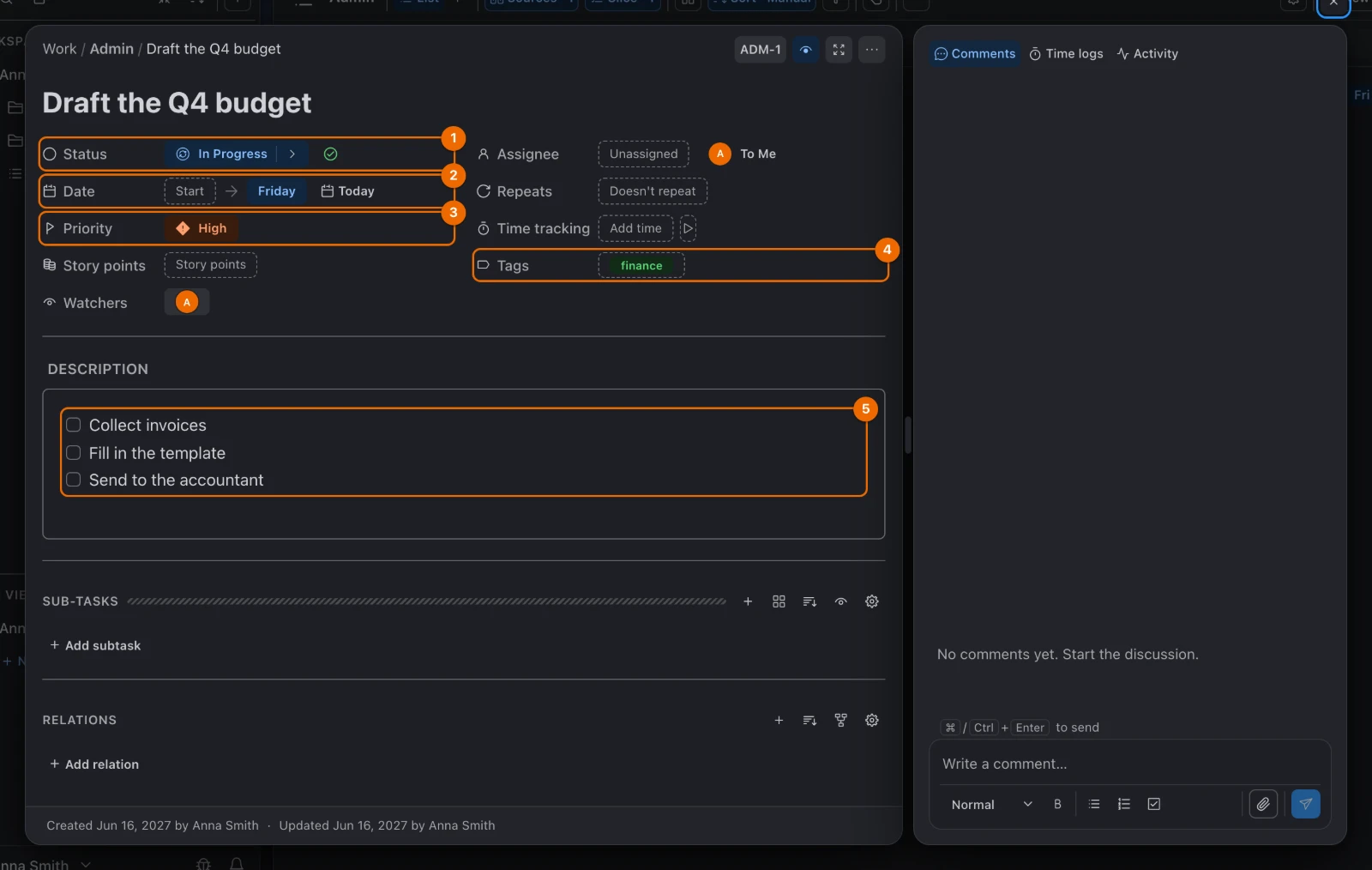 The task window of Draft the Q4 budget in Work › Admin: status In Progress, due Friday, priority High, tag finance and a three-step checklist in the description