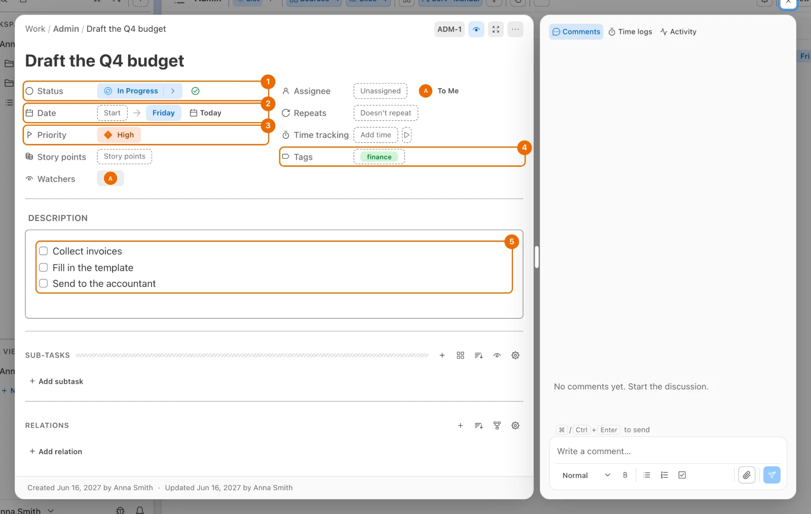 The task window of Draft the Q4 budget in Work › Admin: status In Progress, due Friday, priority High, tag finance and a three-step checklist in the description