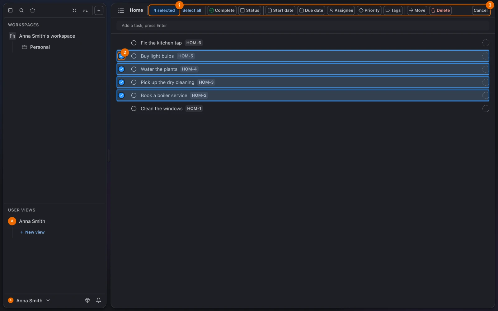 A List view in selection mode with four tasks checked and the bulk bar reading 4 selected