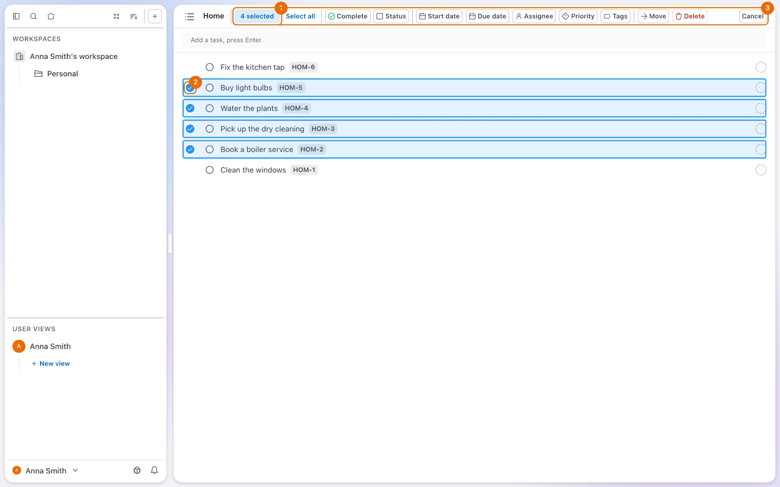 A List view in selection mode with four tasks checked and the bulk bar reading 4 selected