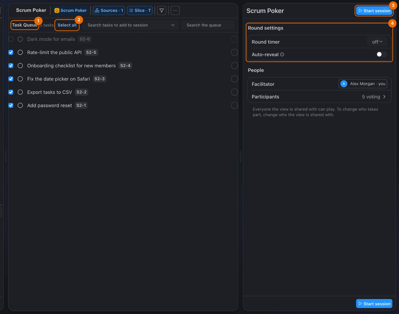 Scrum Poker setup for the list Sprint 24: five of six tasks ticked in the Task Queue, Select all, Round settings on the right, and Start session at the top and bottom of the panel
