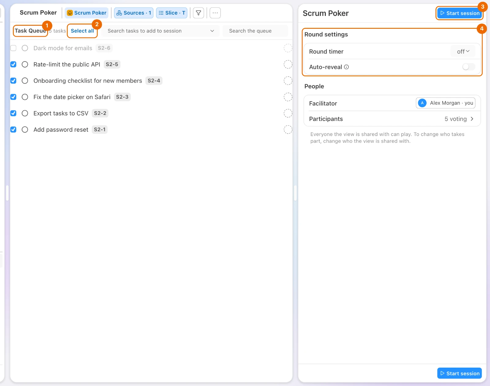 Scrum Poker setup for the list Sprint 24: five of six tasks ticked in the Task Queue, Select all, Round settings on the right, and Start session at the top and bottom of the panel