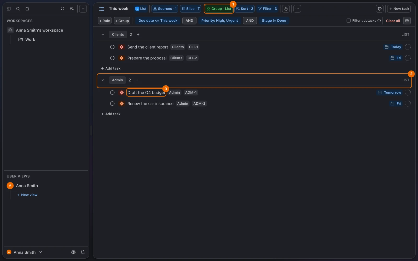 The finished List view: Group · List, Sort · 2 and Filter · 3 in the header, and the lists Admin and Clients as groups of High and Urgent tasks due this week, soonest first