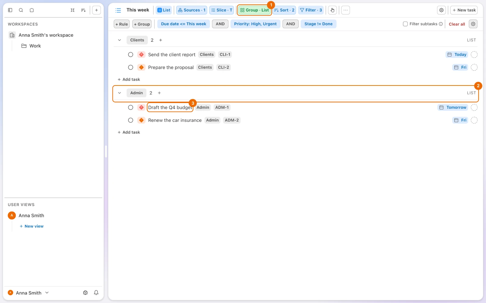 The finished List view: Group · List, Sort · 2 and Filter · 3 in the header, and the lists Admin and Clients as groups of High and Urgent tasks due this week, soonest first