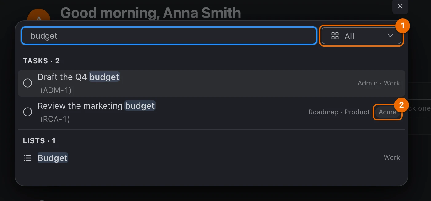 The search window with budget typed: two tasks and one list, and one of the tasks from the Acme workspace, carrying its name