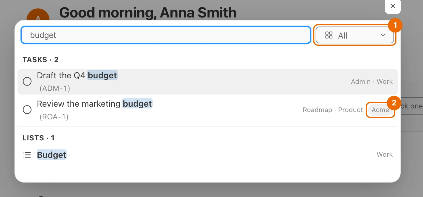 The search window with budget typed: two tasks and one list, and one of the tasks from the Acme workspace, carrying its name