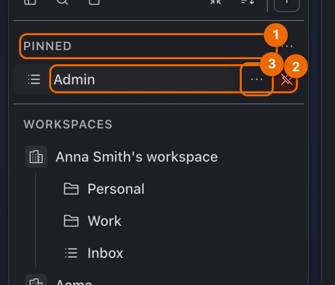 The sidebar's Pinned section with the list Admin just pinned, its … menu shown