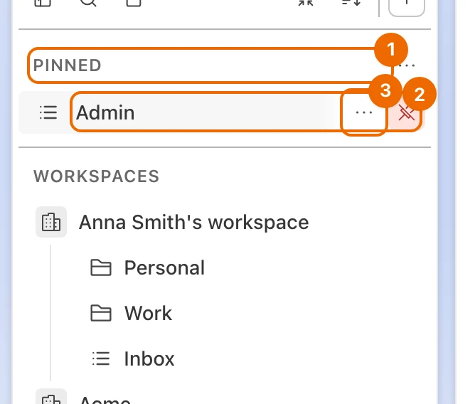 The sidebar's Pinned section with the list Admin just pinned, its … menu shown