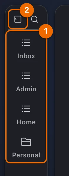 The collapsed sidebar with four pinned items as icons, Inbox, Admin, Home and Personal, under the Expand sidebar button