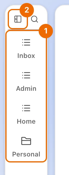 The collapsed sidebar with four pinned items as icons, Inbox, Admin, Home and Personal, under the Expand sidebar button