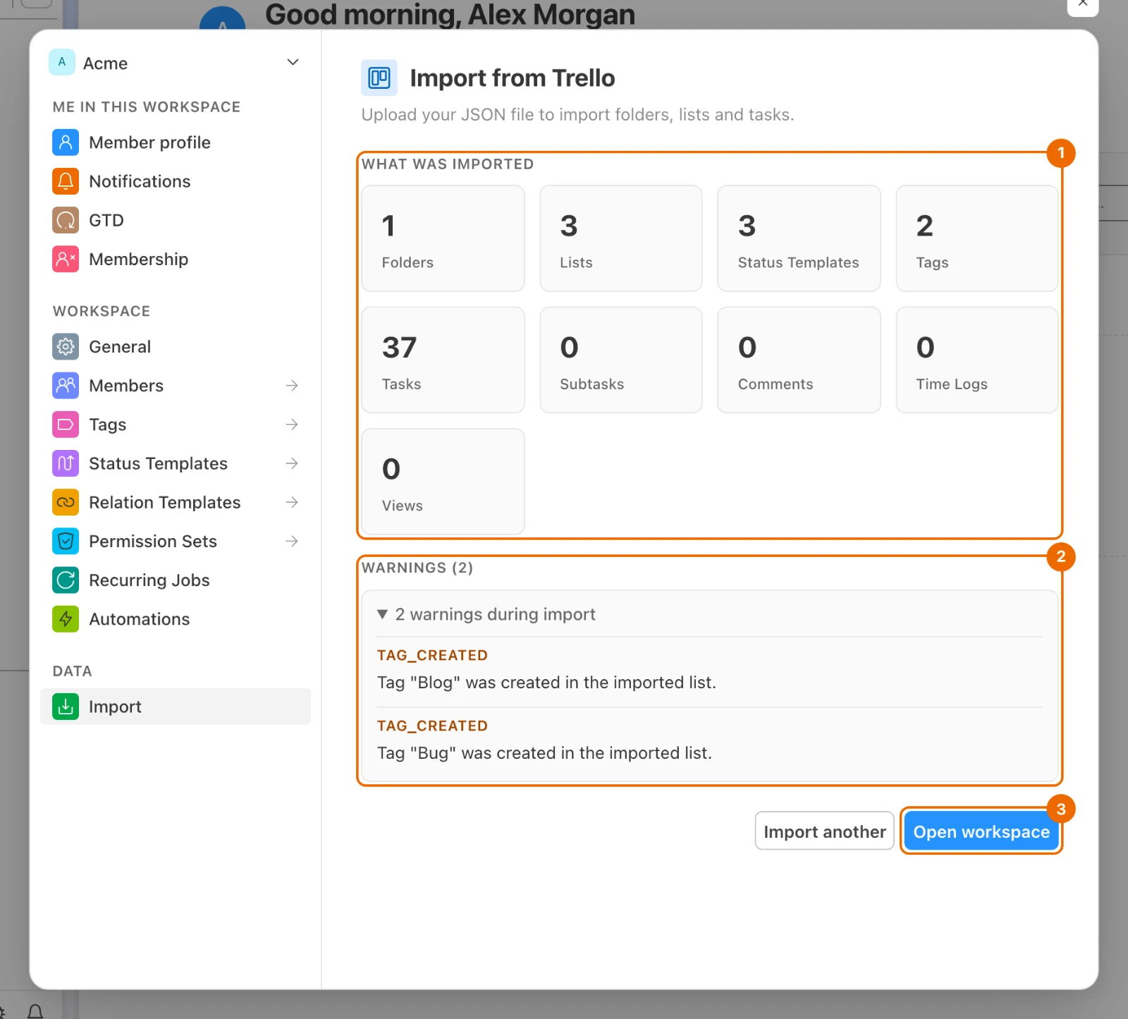 Workspace settings, Import from Trello after the import: 1 folder, 3 lists, 37 tasks and 2 tags created, with two warnings about created tags