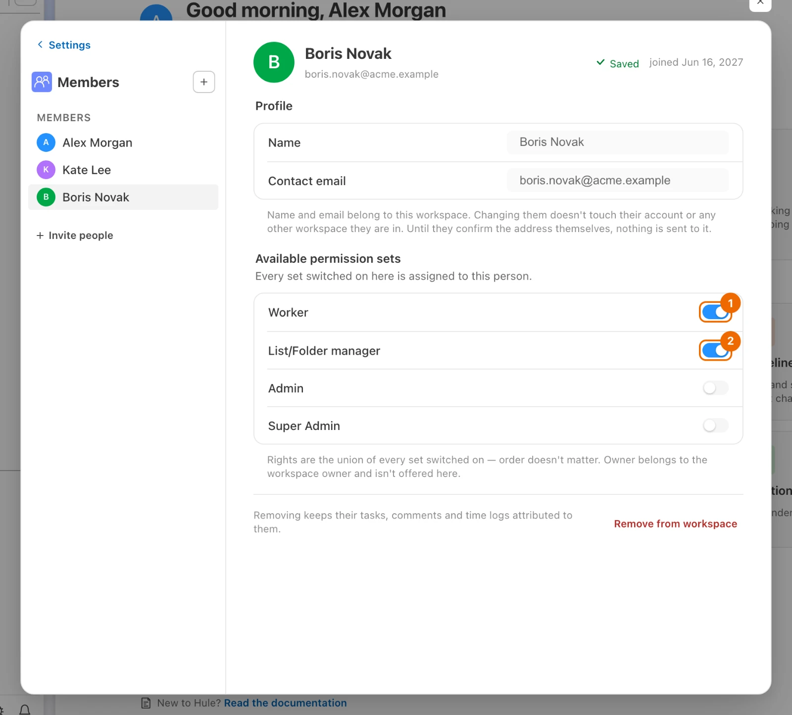Boris Novak's card in Members: under Available permission sets, Worker and List/Folder manager are switched on, Admin and Super Admin off