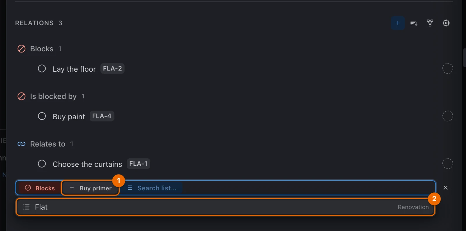 The Relations section with Blocks and Buy primer selected, and Flat first in the list picker