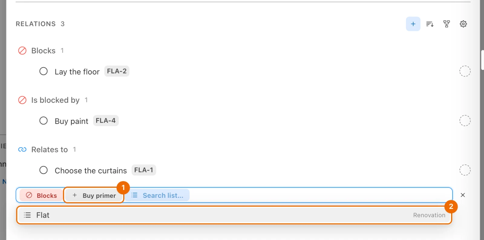 The Relations section with Blocks and Buy primer selected, and Flat first in the list picker