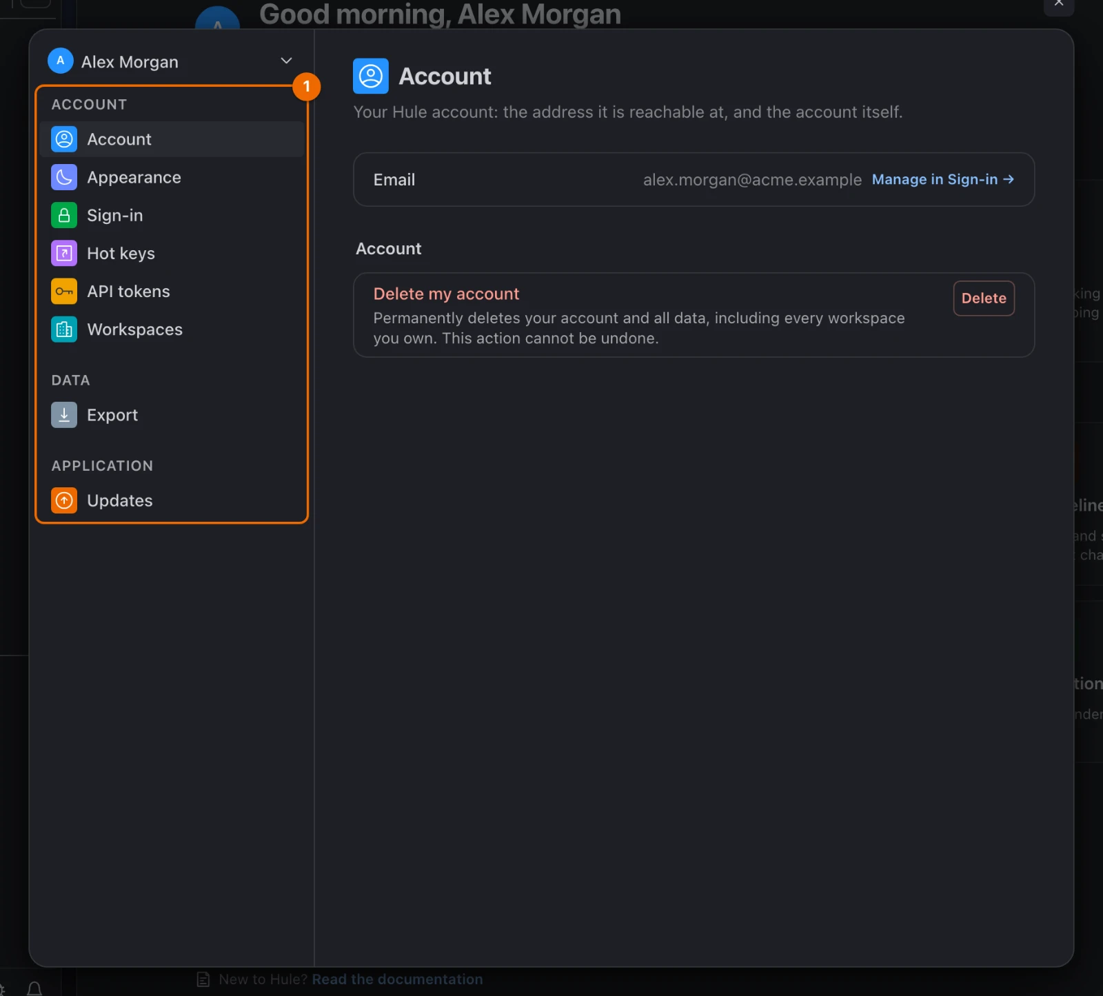 User settings open on the Account page, with the list of pages on the left: Account, Appearance, Sign-in, Hot keys, API tokens, Workspaces, Export and Updates