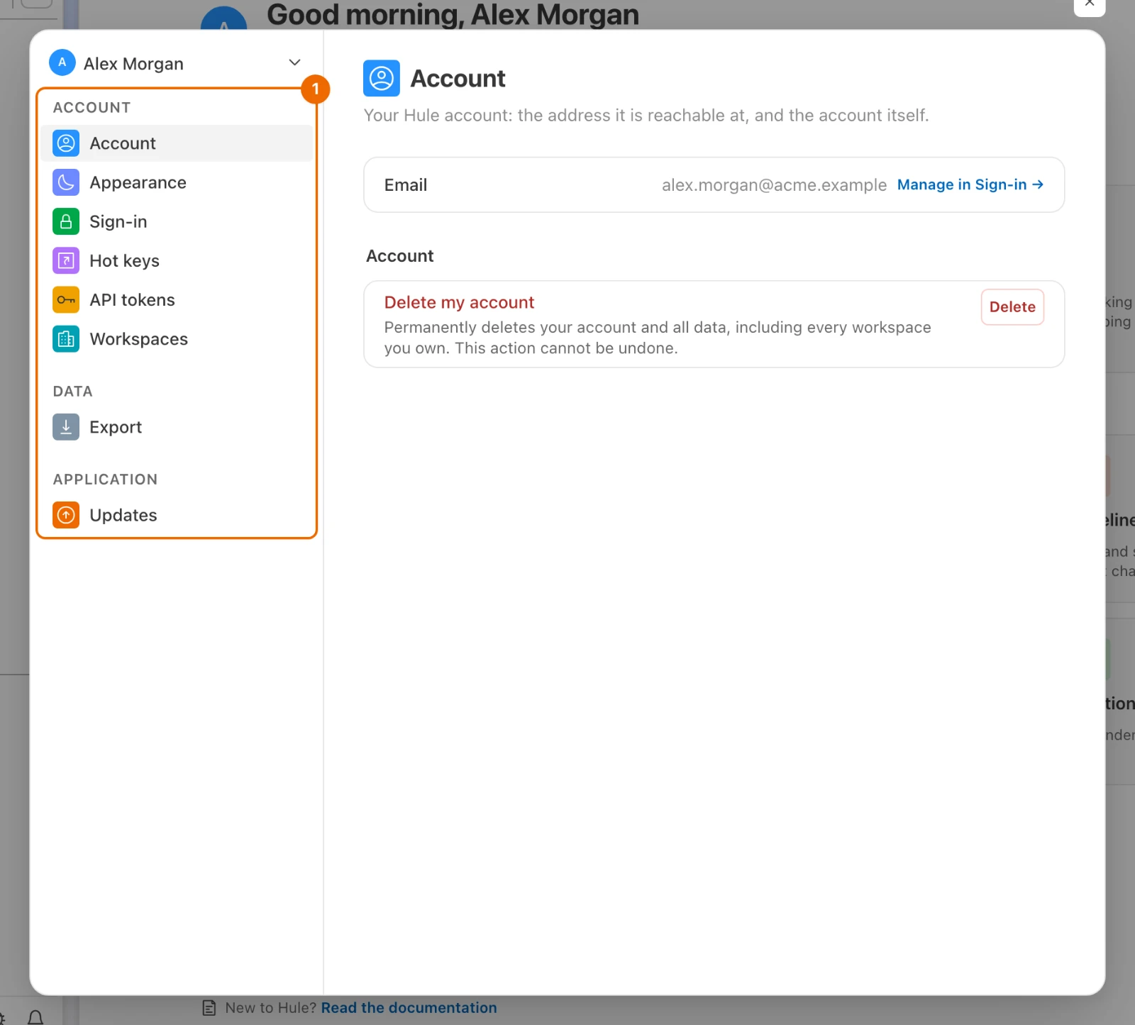 User settings open on the Account page, with the list of pages on the left: Account, Appearance, Sign-in, Hot keys, API tokens, Workspaces, Export and Updates