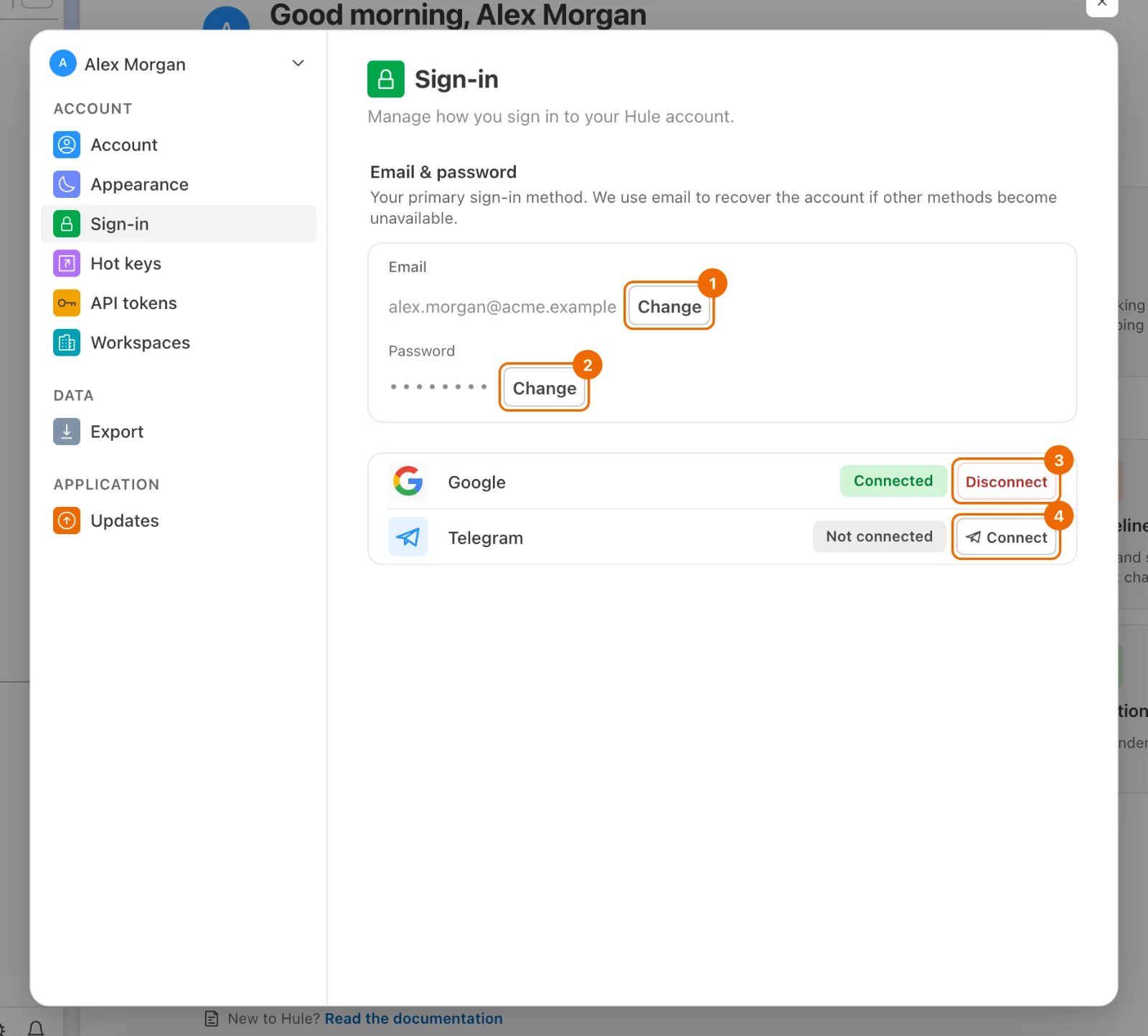 User settings, Sign-in for an email and password account: Change next to the email and the password, Google connected with Disconnect, Telegram not connected with Connect