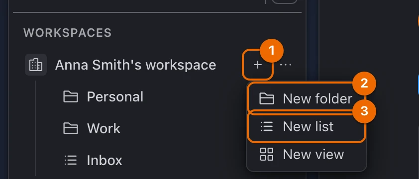 The + menu of the workspace row in the sidebar, open on New folder, New list and New view