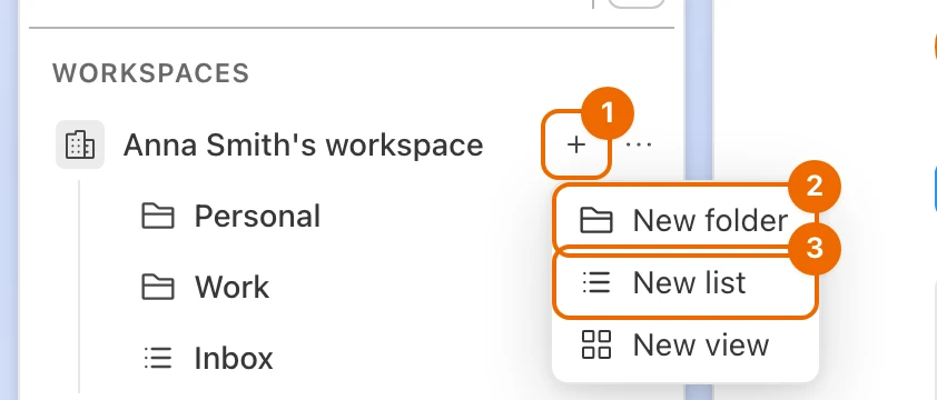 The + menu of the workspace row in the sidebar, open on New folder, New list and New view