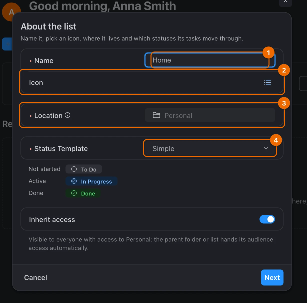 The new list form on its Details step: Name Home, the Icon row, Location set to the Personal folder, Status Template Simple