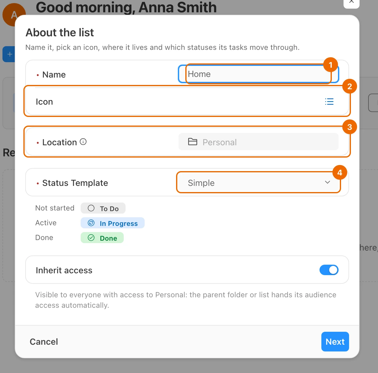 The new list form on its Details step: Name Home, the Icon row, Location set to the Personal folder, Status Template Simple