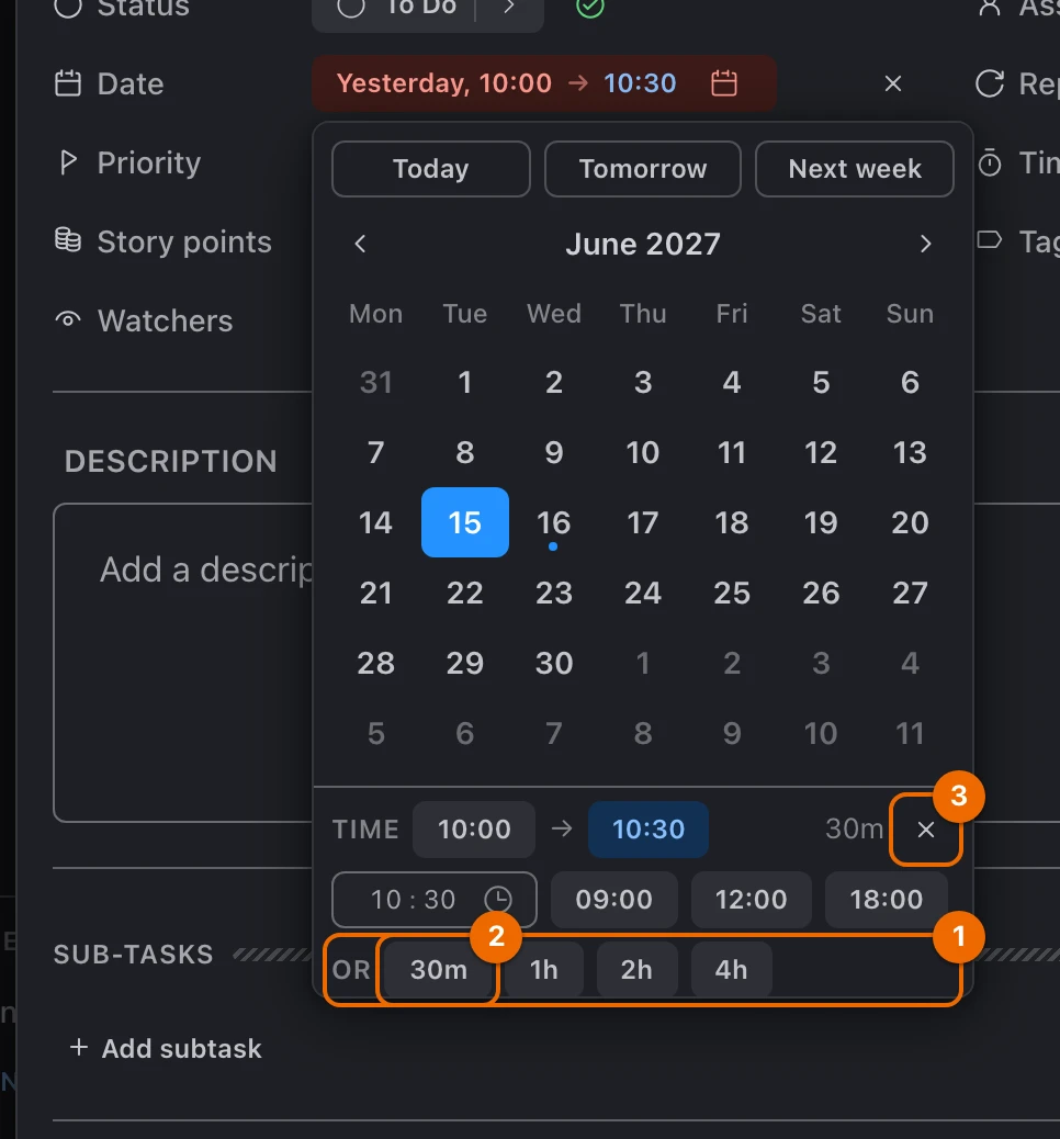 The dates panel of Call the accountant, Tuesday 10:00 to 10:30, with the end time open: the Or row of lengths from 30m and the × that removes the time