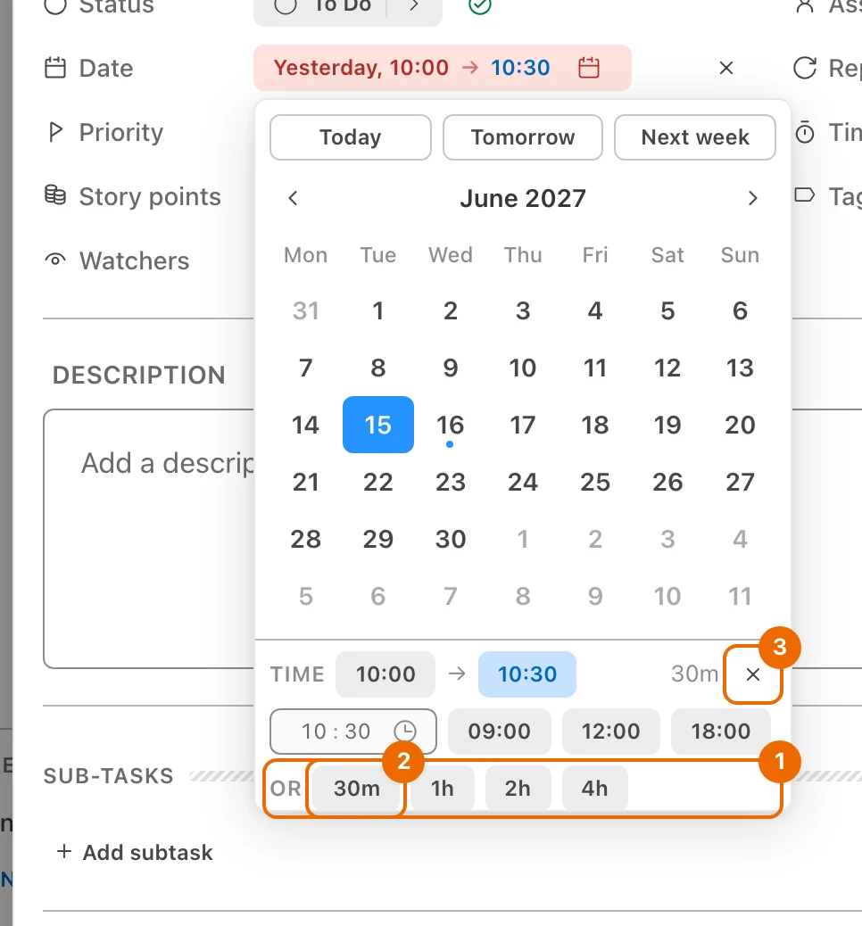 The dates panel of Call the accountant, Tuesday 10:00 to 10:30, with the end time open: the Or row of lengths from 30m and the × that removes the time